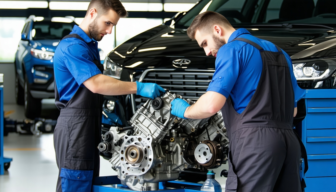 Technicians repairing a car engine in a well-equipped garage