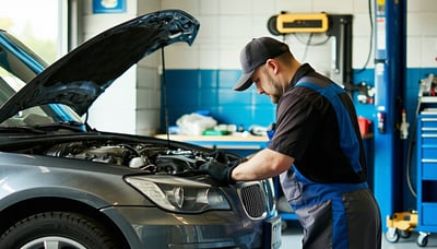 Mechanic working on a car at Knight's Garage Mechanic working on a car at Knight's Garage