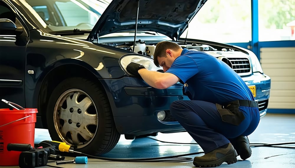 Mechanic repairing a car at Knight's Garage Mechanic repairing a car at Knight's Garage