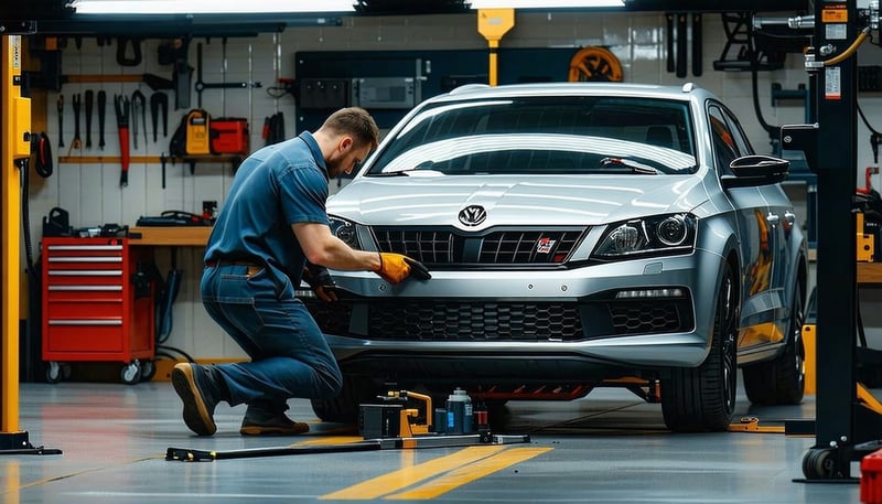 Mechanic working on a car at Knight's Garage Mechanic working on a car at Knight's Garage